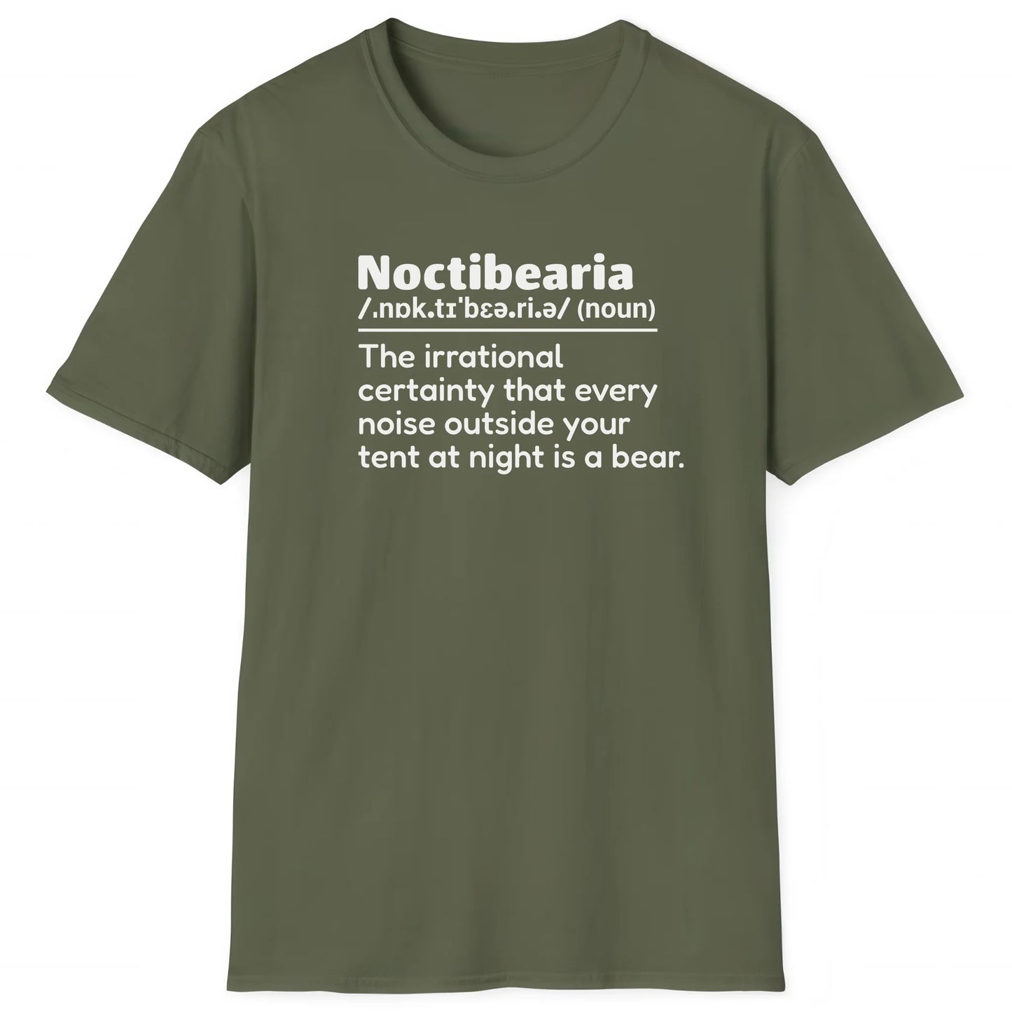 Military Green hiking T-shirt with definition Noctibearia about fear of bears at night, outdoor adventure tee