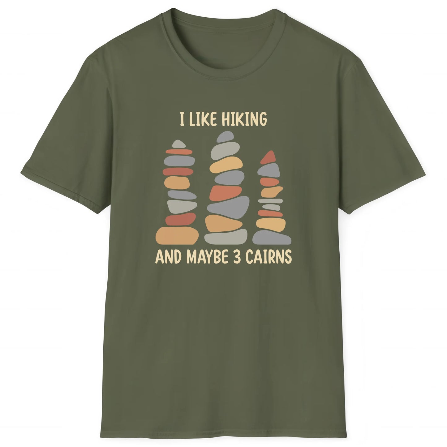 Military Green hiking T-shirt with stacked cairns and text I Like Hiking And Maybe 3 Cairns, outdoor adventure tee