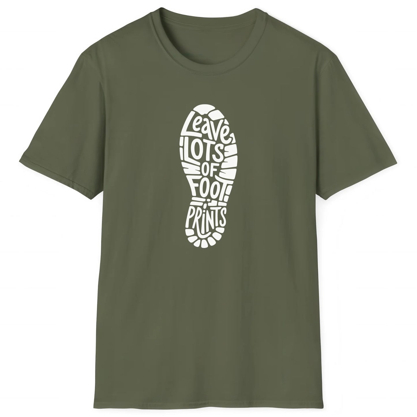 Military Green hiking T-shirt with boot print and text Leave Lots of Footprints, outdoor adventure tee