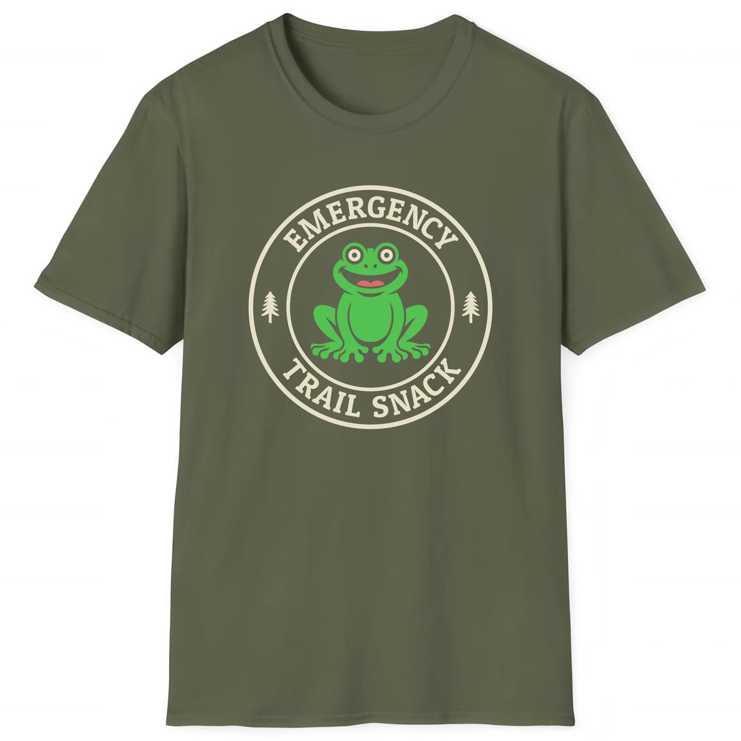 Military Green hiking T-shirt with cartoon frog and text Emergency Trail Snack, outdoor adventure tee