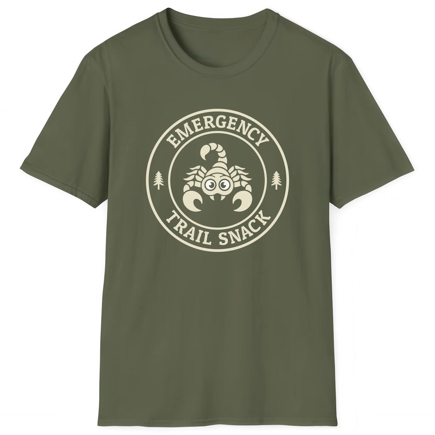 Military Green hiking T-shirt with cartoon scorpion and text Emergency Trail Snack, outdoor adventure tee