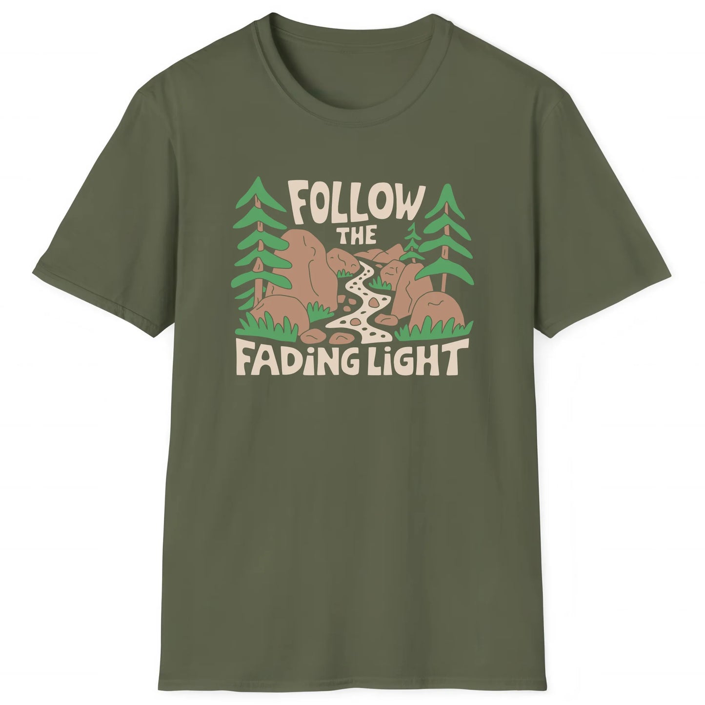 Military Green hiking T-shirt with mountain trail design and text Follow the Fading Light, outdoor adventure tee