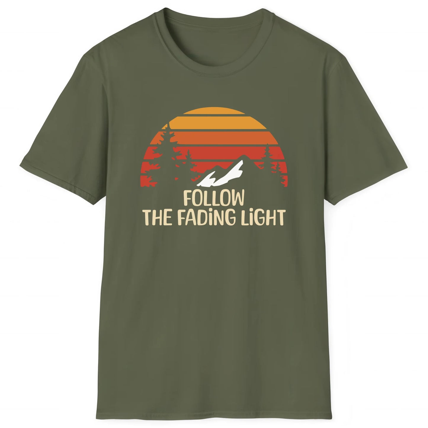 Military Green hiking T-shirt with mountain sunset and text Follow The Fading Light, outdoor adventure tee