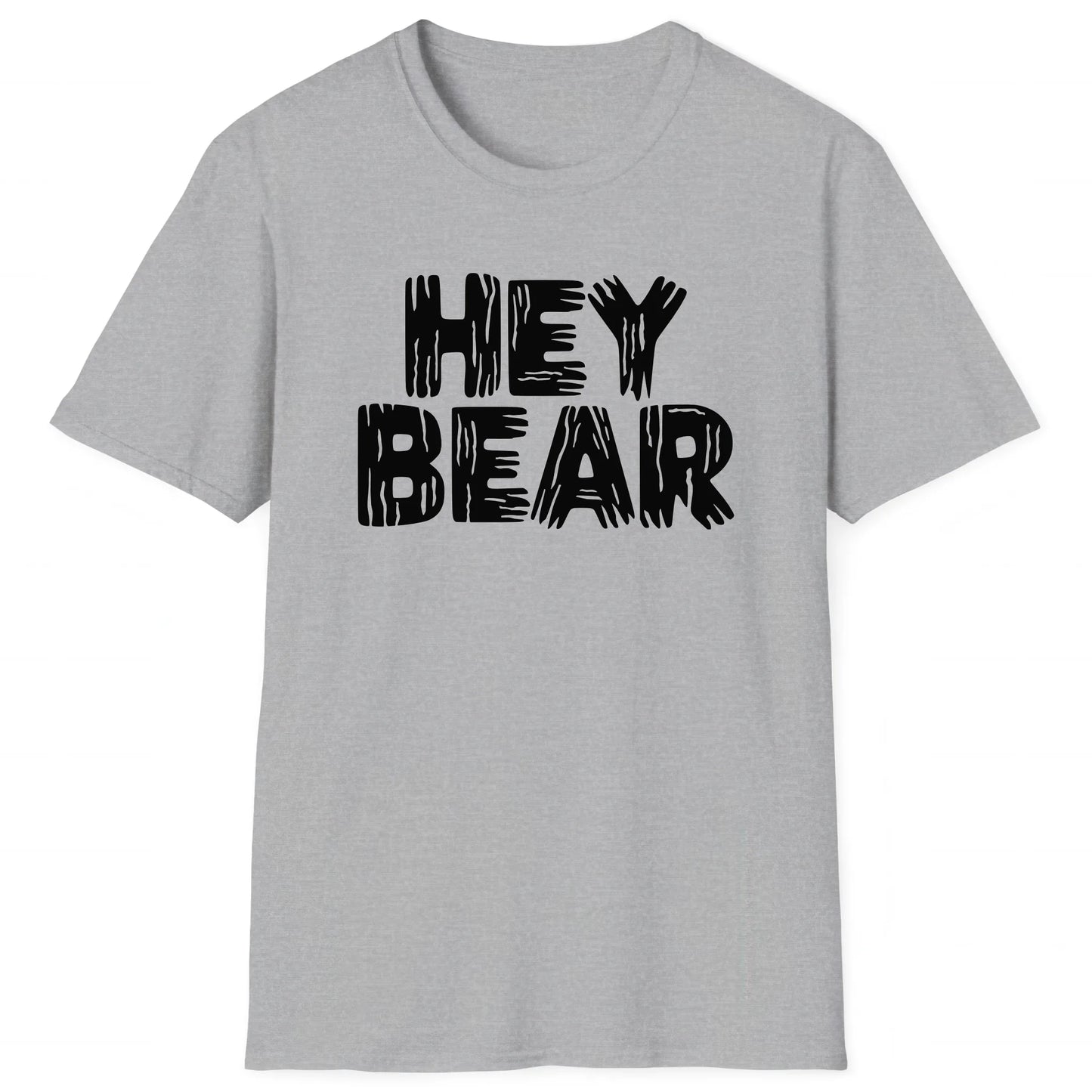 Sport Grey hiking T-shirt with bold black text Hey Bear, outdoor adventure tee for hikers