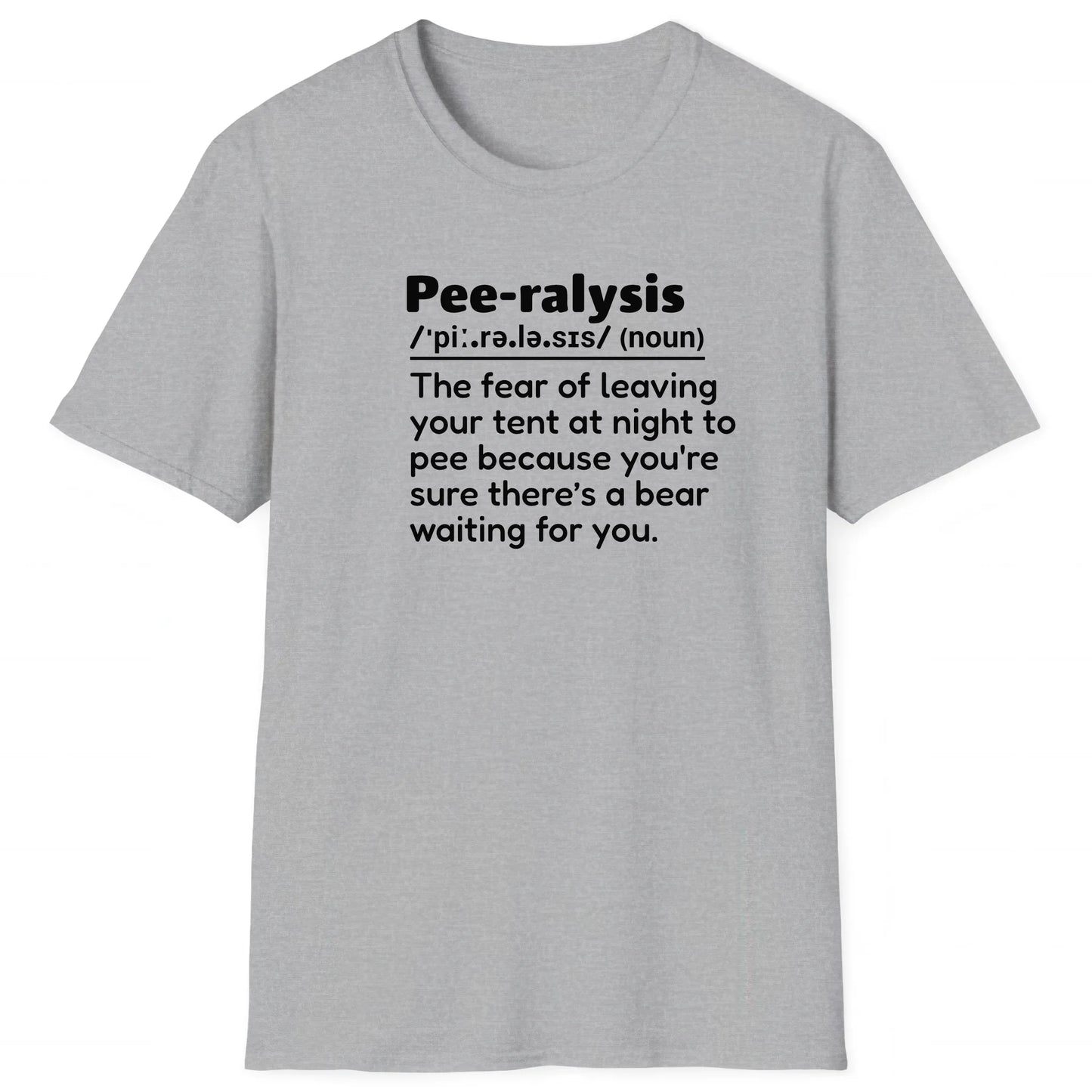 Sport Grey hiking T-shirt with definition Pee-ralysis about fear of peeing at night with bears, trail-ready design for hikers