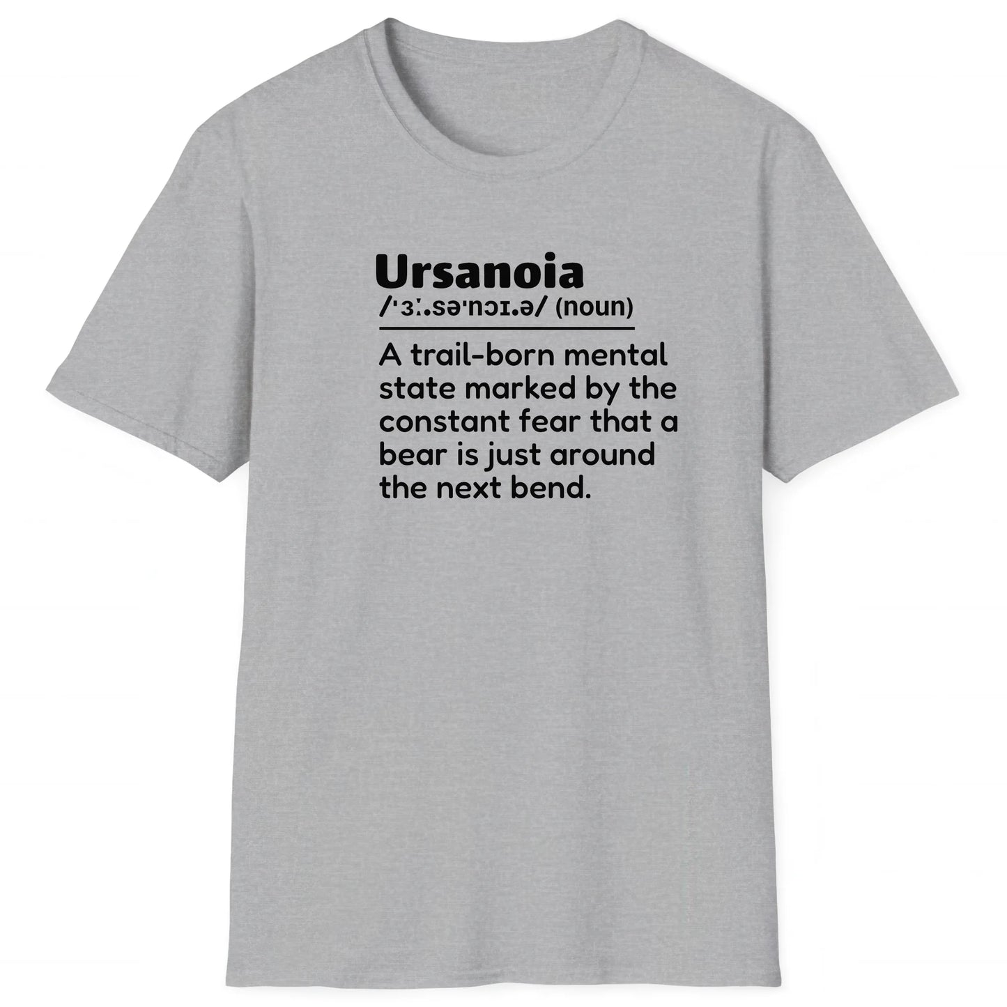 Sport Grey hiking T-shirt with definition Ursanoia about fear of bears around the bend, trail-ready design for hikers