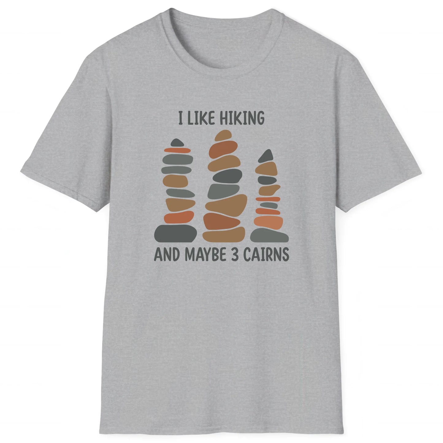 Sport Grey hiking T-shirt with stacked cairns and text I Like Hiking And Maybe 3 Cairns, trail-ready design for hikers