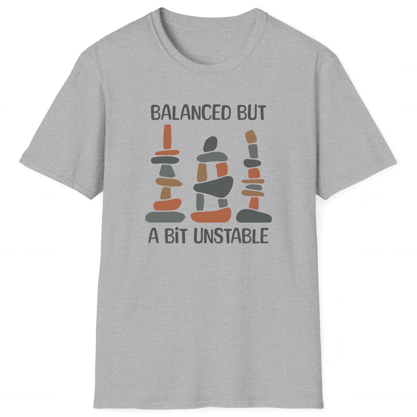 Sport Grey hiking T-shirt with stacked cairns and text Balanced But A Bit Unstable, trail-ready design for hikers