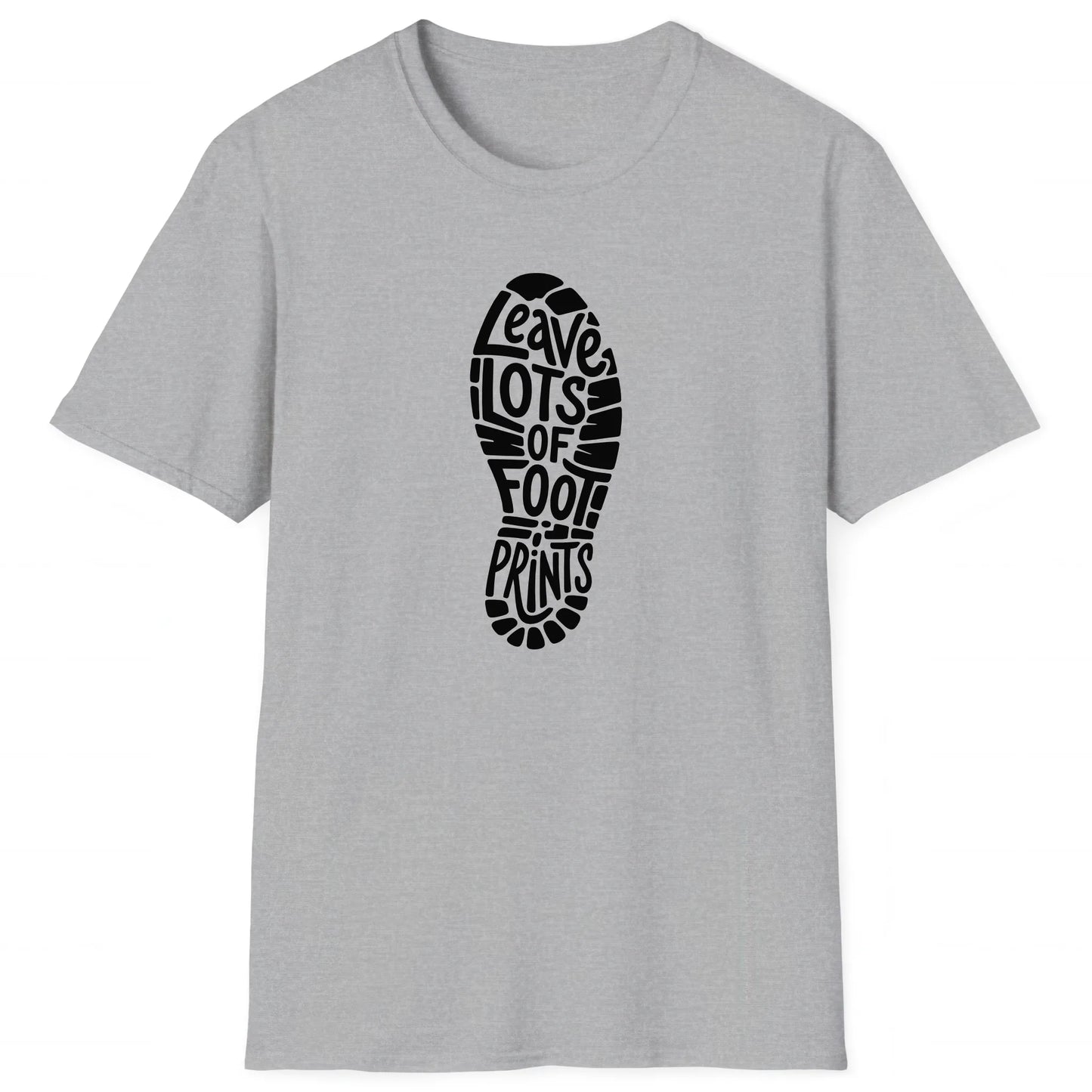 Sport Grey hiking T-shirt with boot print and text Leave Lots of Footprints, trail-ready design for hikers