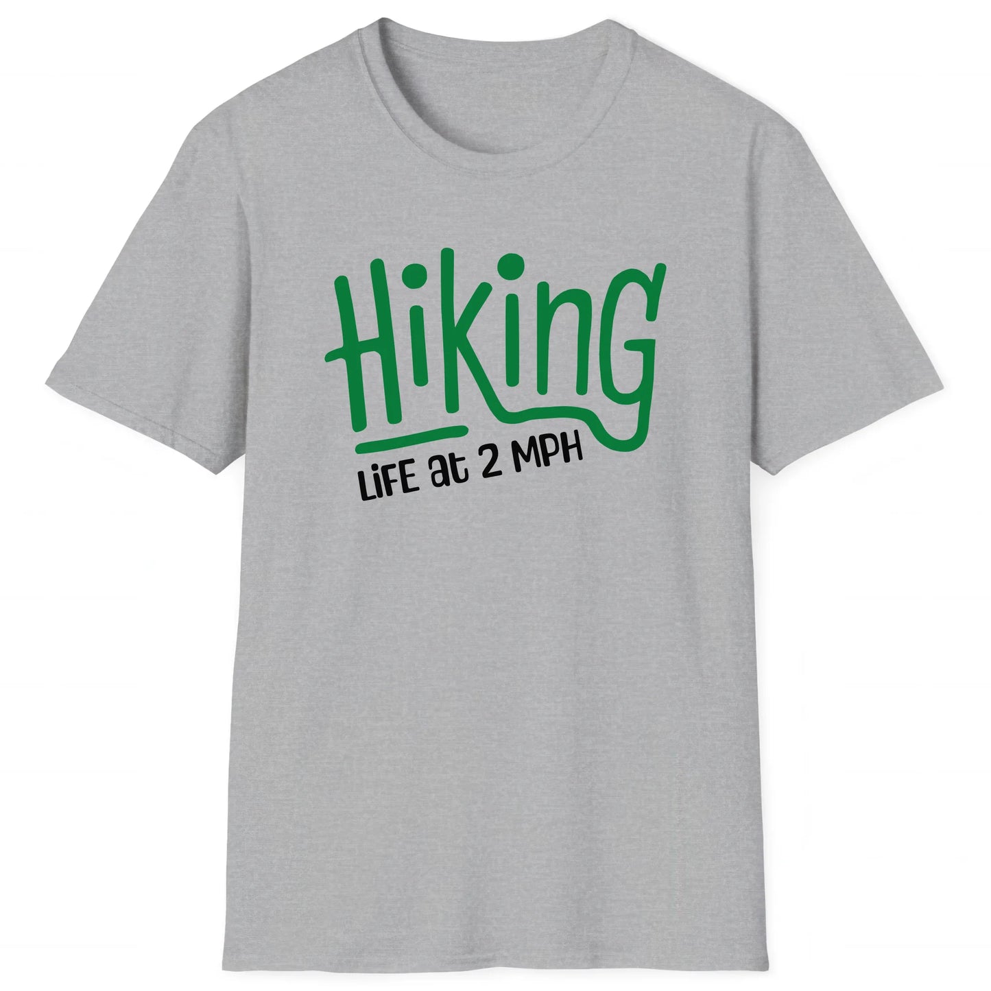 Sport Grey hiking T-shirt with Hiking Life at 2 MPH text, trail-ready design for hikers
