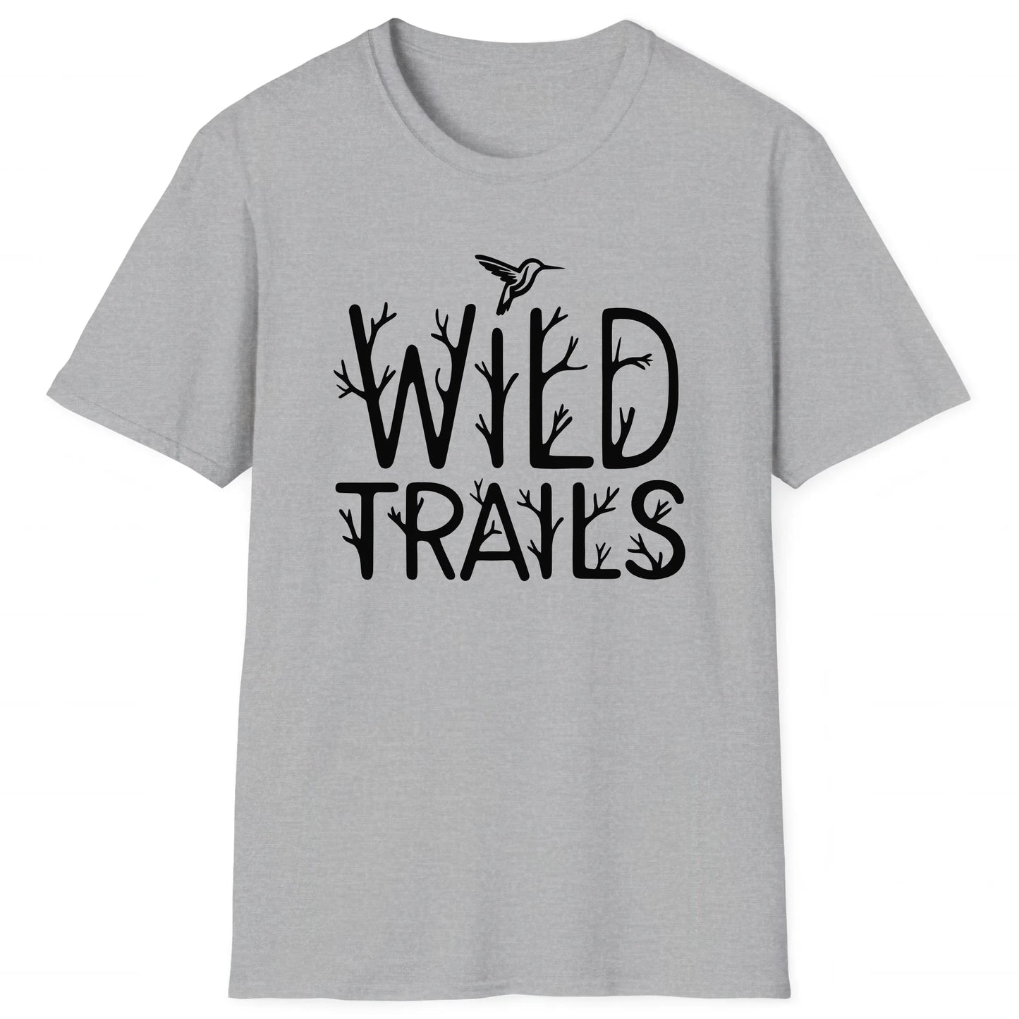 Sport Grey hiking T-shirt with branch-style Wild Trails text and hummingbird, trail-ready design for hikers