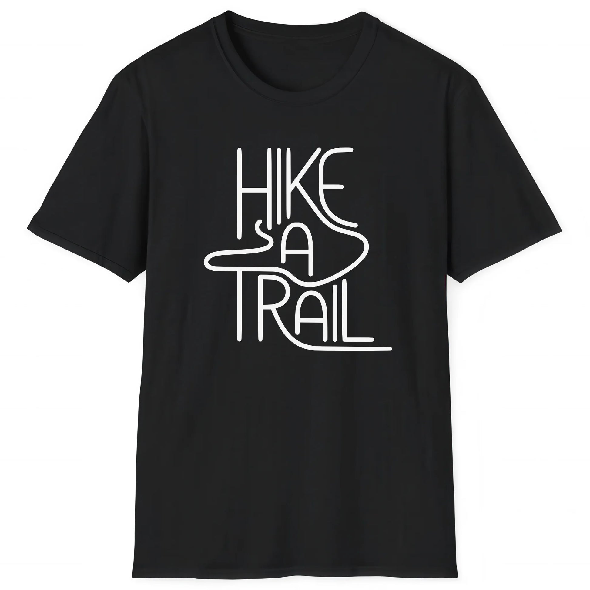 Black hiking T-shirt with minimalist text design Hike a Trail, bold outdoor style for trail lovers