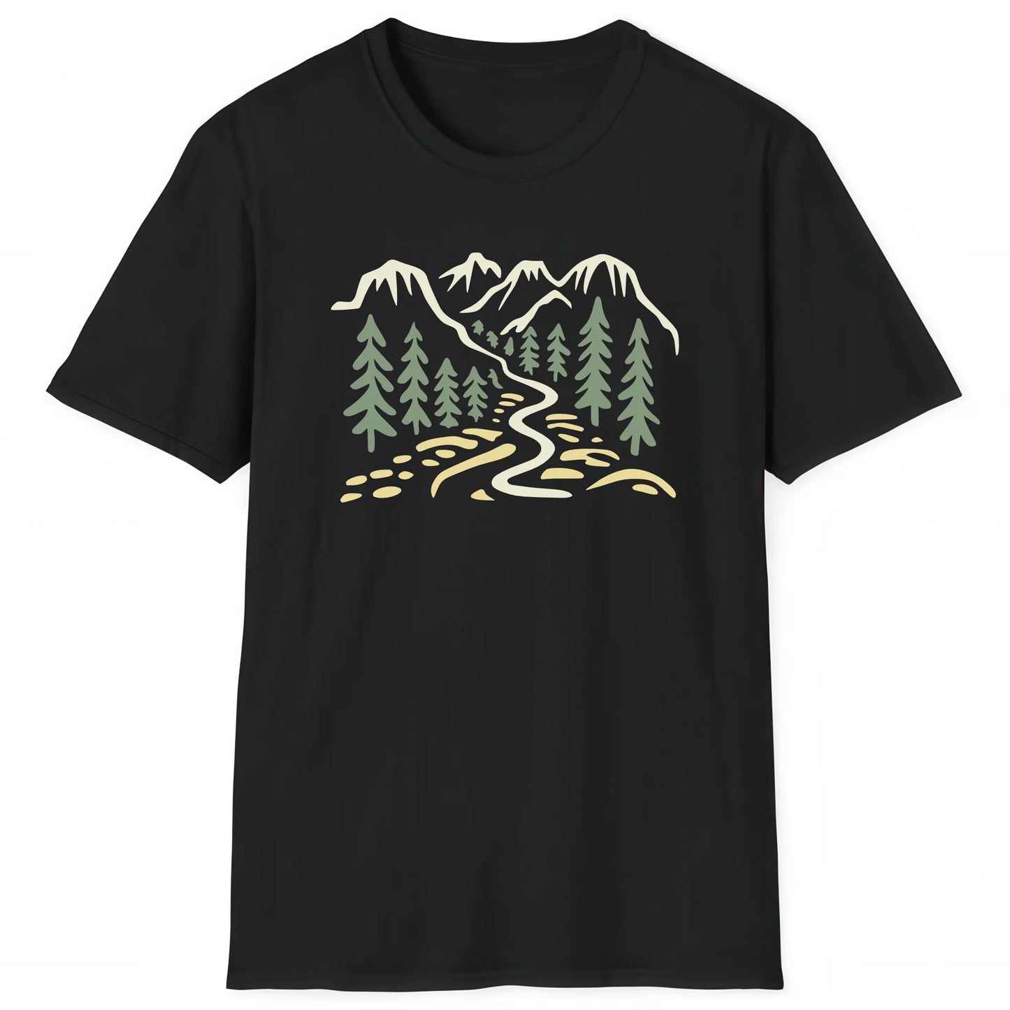 Black hiking T-shirt with minimalist mountain and forest trail design for hikers and nature lovers
