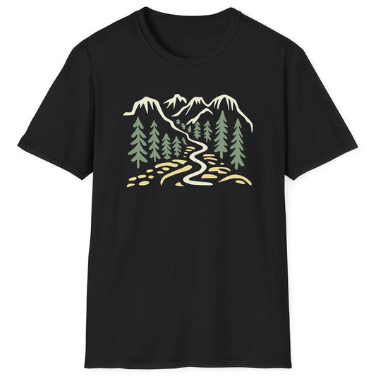 Black hiking T-shirt with minimalist mountain and forest trail design for hikers and nature lovers