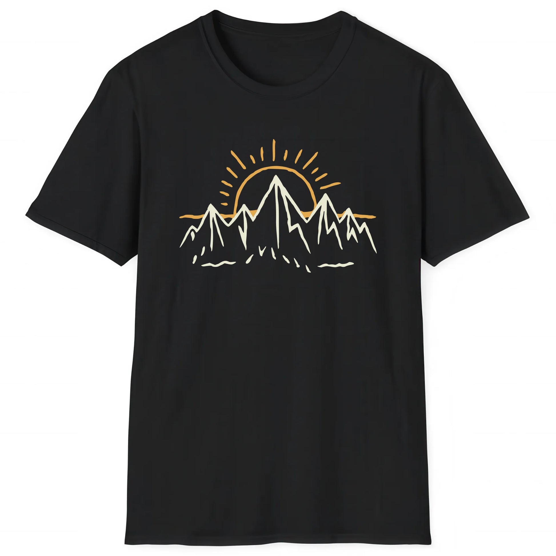 Black hiking T-shirt with minimalist mountain and sunrise design for hikers and nature lovers