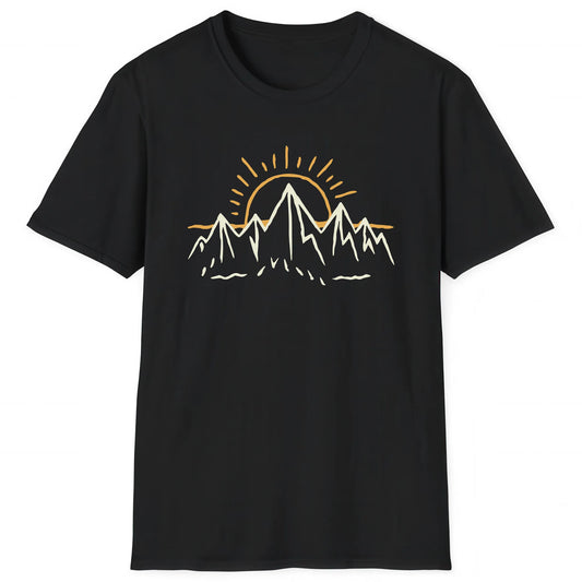 Black hiking T-shirt with minimalist mountain and sunrise design for hikers and nature lovers