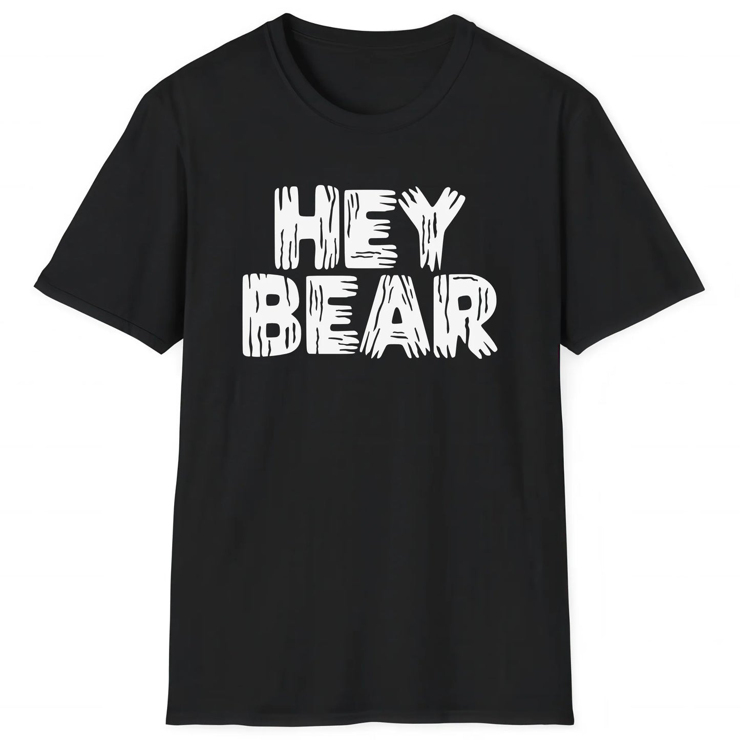 Black hiking T-shirt with bold white text Hey Bear, classic outdoors bear safety hiking tee