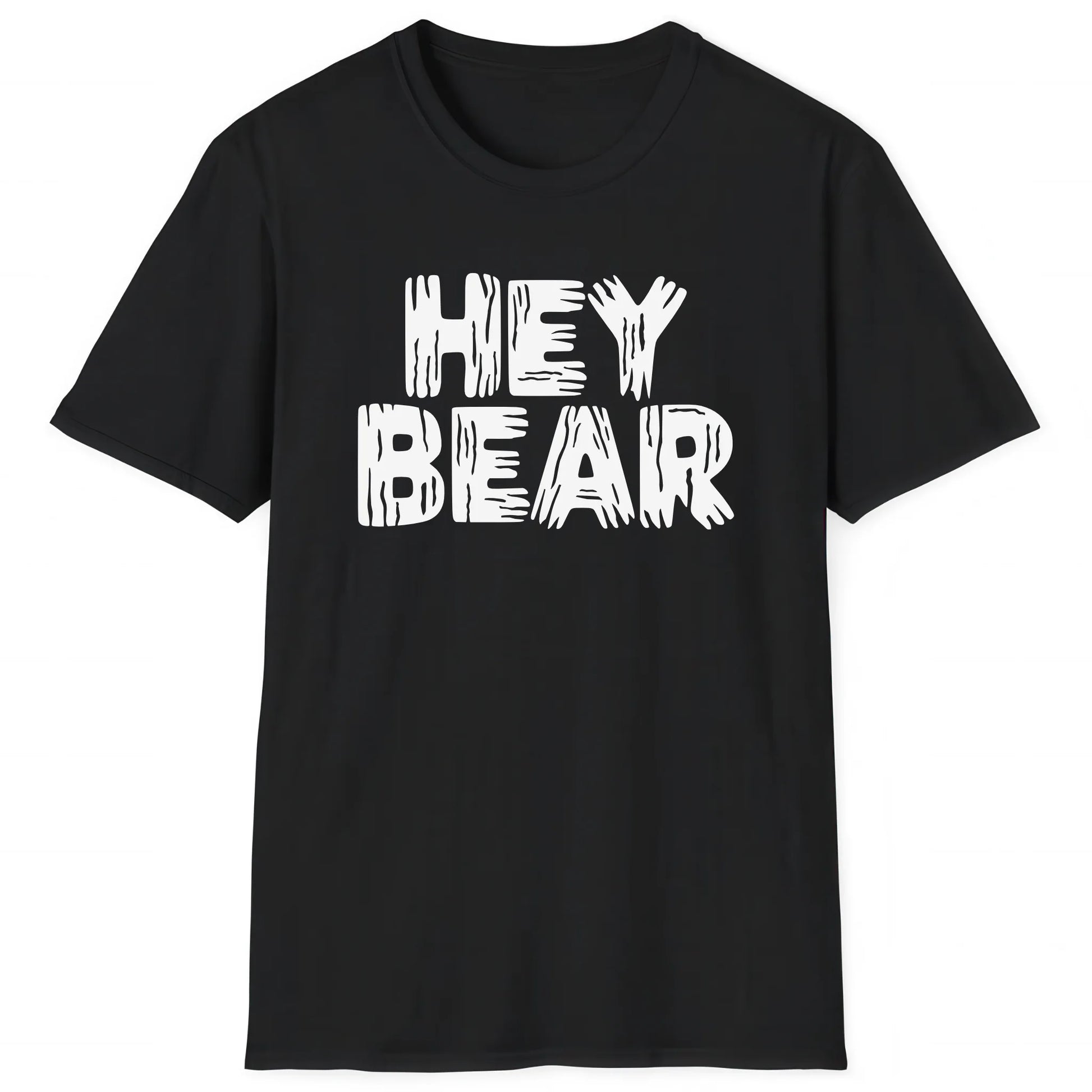 Black hiking T-shirt with bold white text Hey Bear, classic outdoors bear safety hiking tee