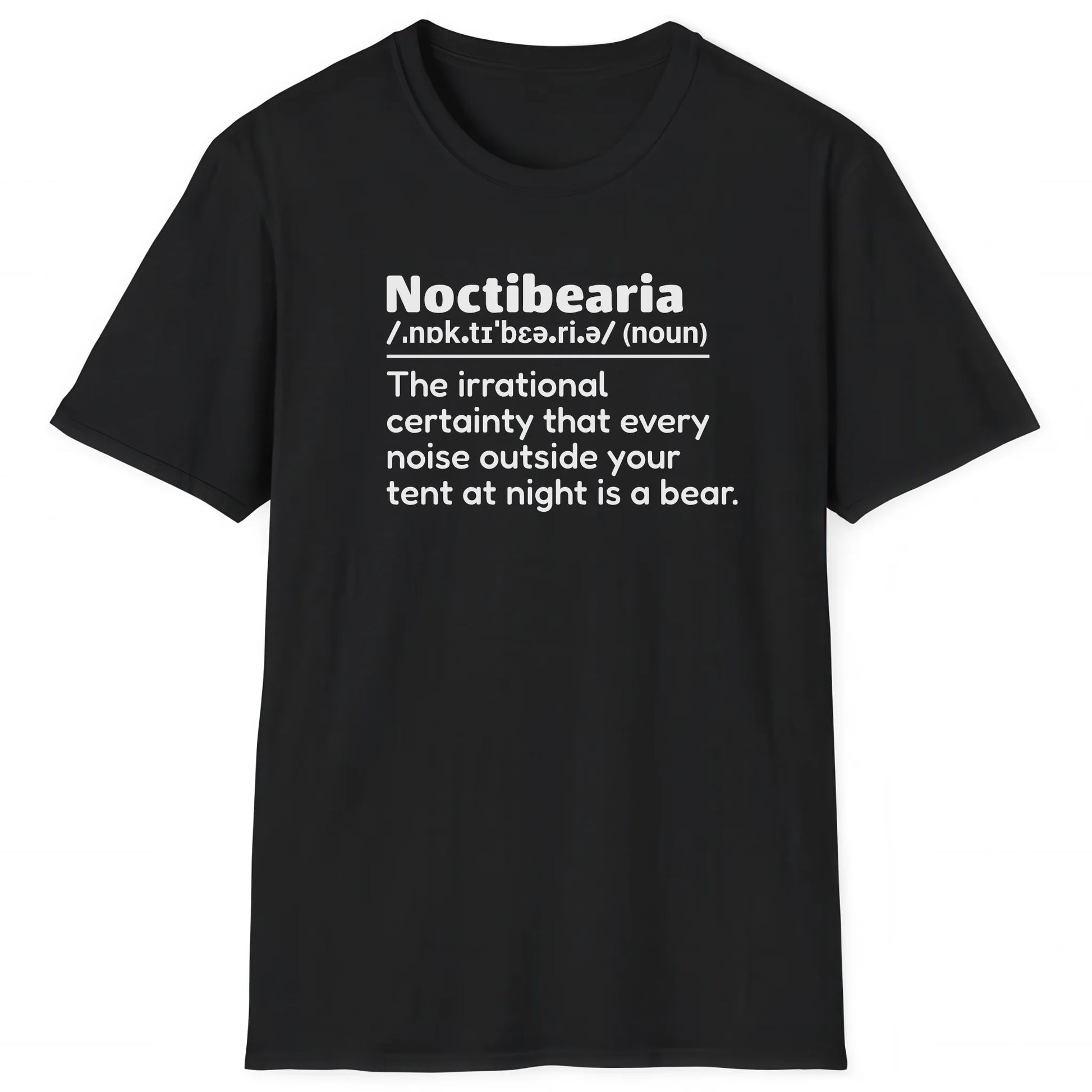 Black hiking T-shirt with definition Noctibearia about fear of bears at night for hikers and nature lovers