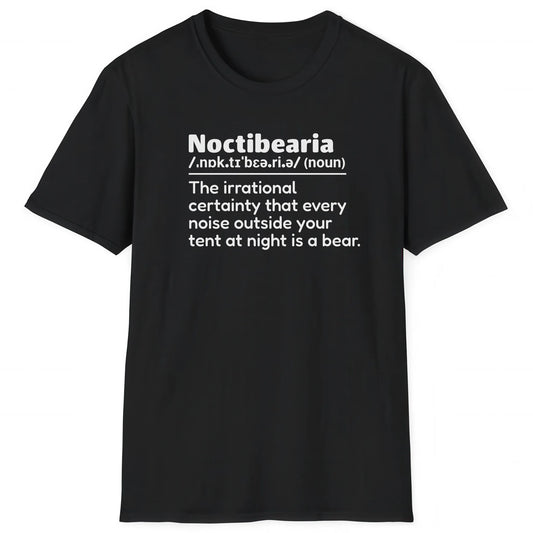 Black hiking T-shirt with definition Noctibearia about fear of bears at night for hikers and nature lovers