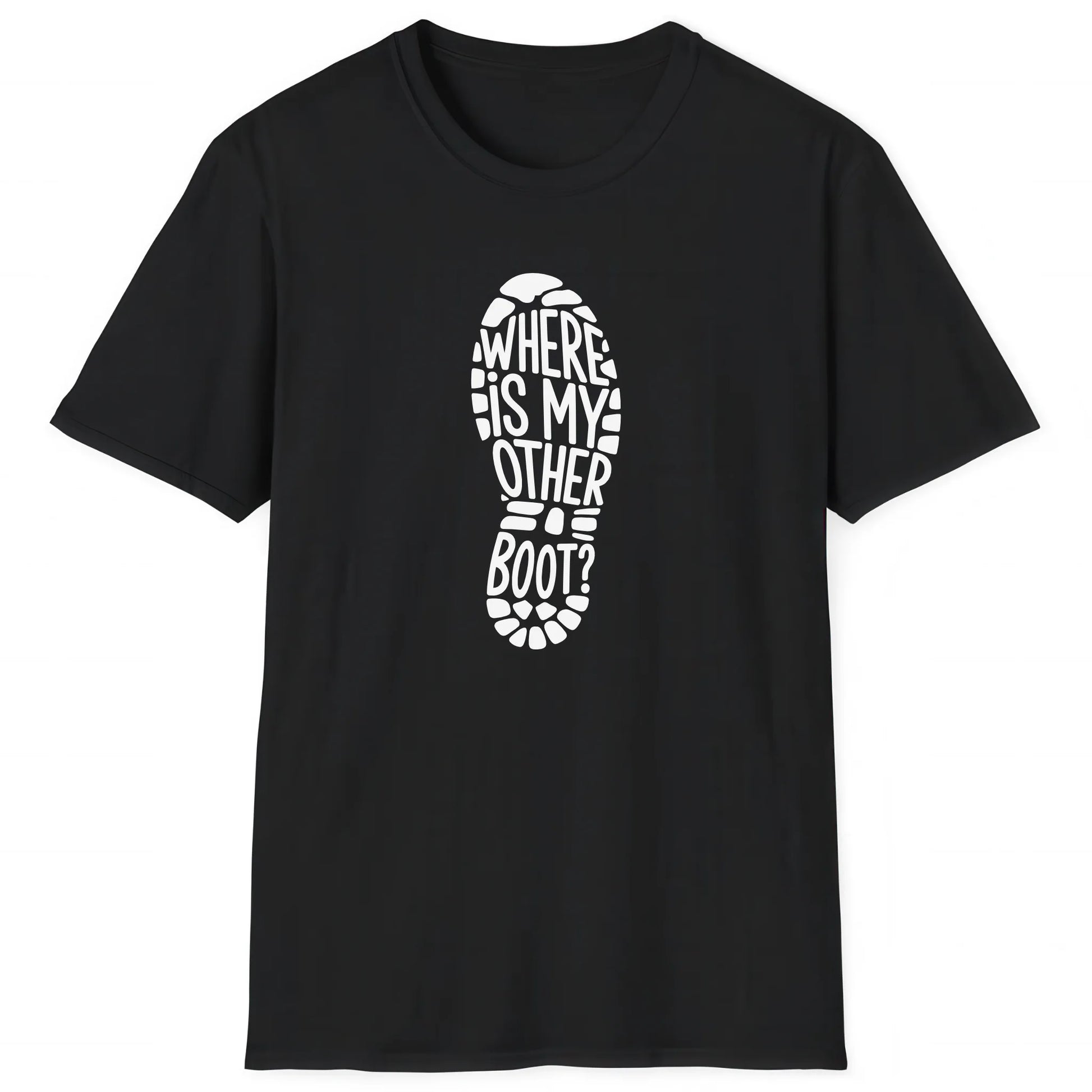 Black hiking T-shirt with boot print and text Where Is My Other Boot for hikers and nature lovers