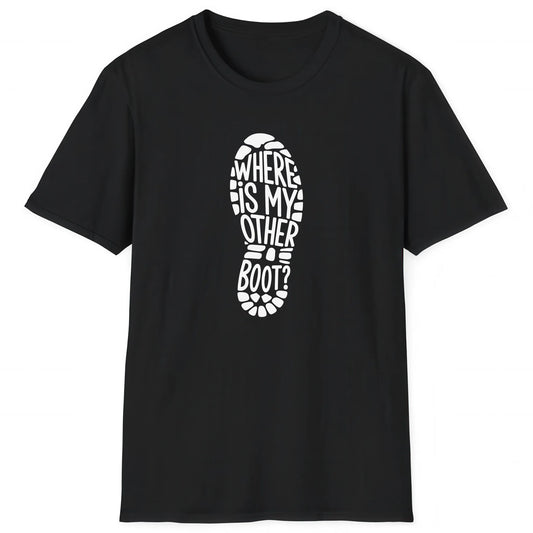 Black hiking T-shirt with boot print and text Where Is My Other Boot for hikers and nature lovers