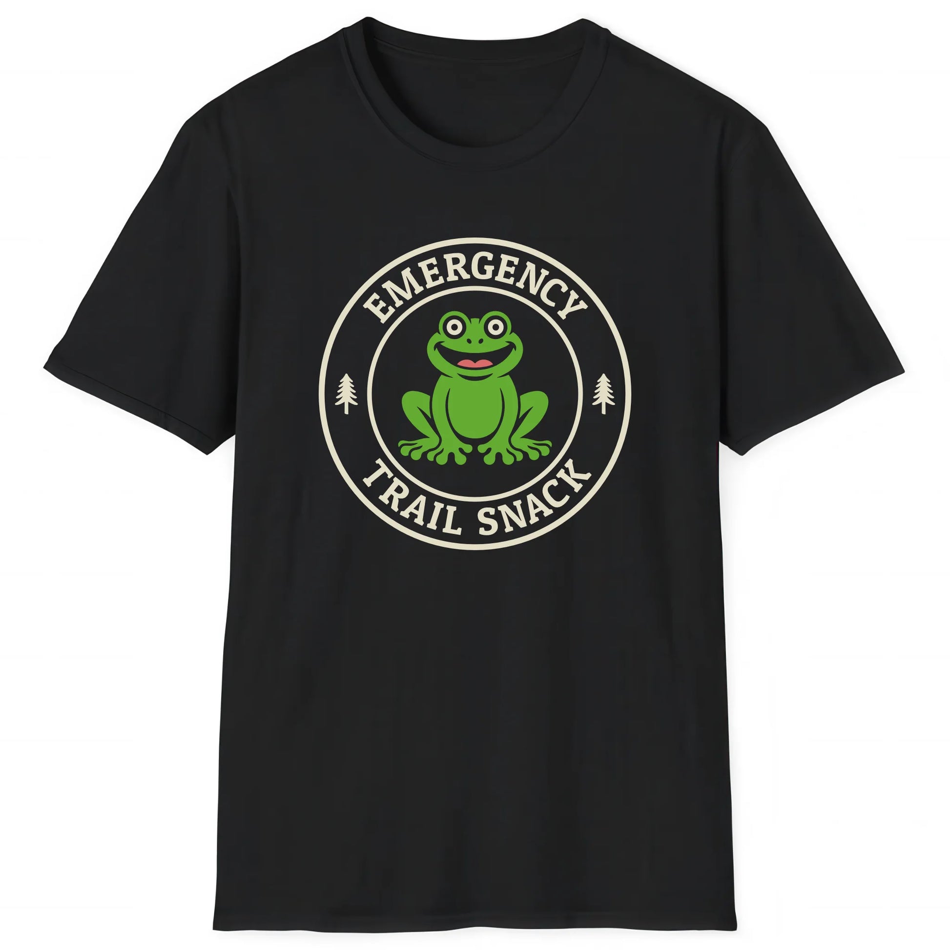 Black hiking T-shirt with cartoon frog and text Emergency Trail Snack for hikers and nature lovers