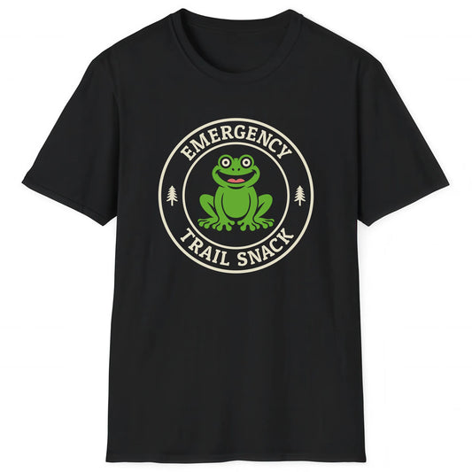 Black hiking T-shirt with cartoon frog and text Emergency Trail Snack for hikers and nature lovers