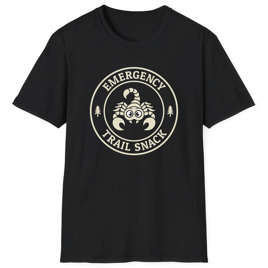 Black hiking T-shirt with cartoon scorpion and text Emergency Trail Snack for hikers and nature lovers