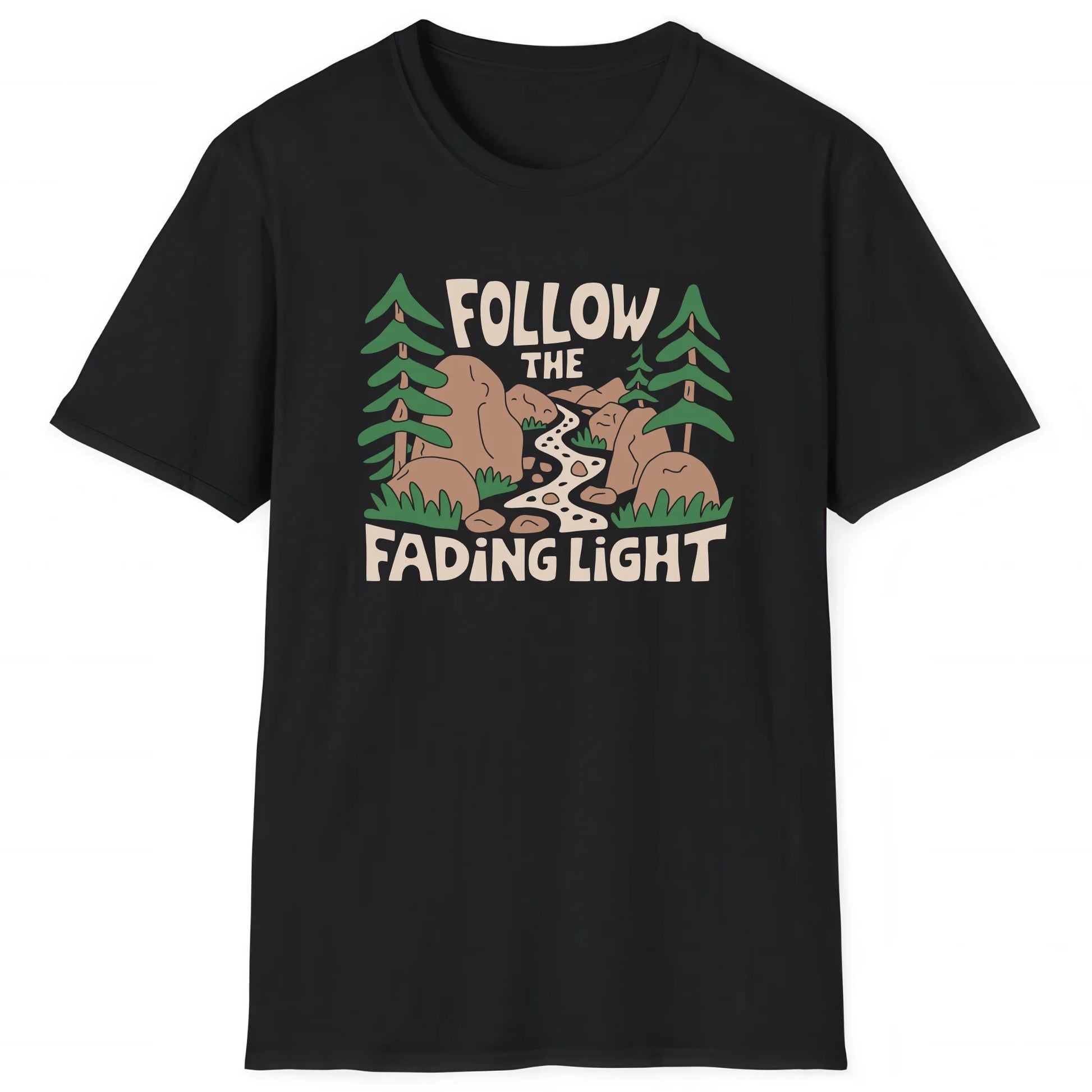 Black hiking T-shirt with mountain trail design and text Follow the Fading Light for hikers and nature lovers
