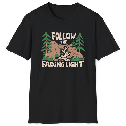 Black hiking T-shirt with mountain trail design and text Follow the Fading Light for hikers and nature lovers