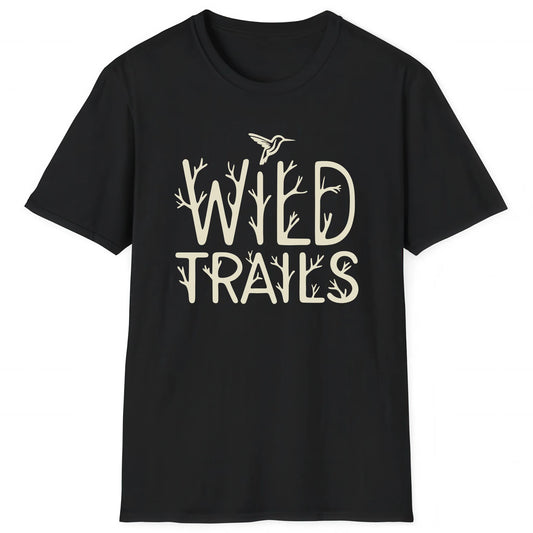 Black hiking T-shirt with branch-style Wild Trails text and hummingbird, perfect for hikers and nature lovers