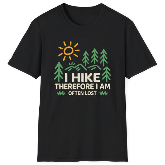 Black hiking T-shirt with minimalist mountain and forest trail design for hikers and nature lovers