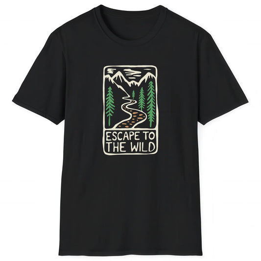 Black hiking T-shirt with mountain trail design and text Escape to the Wild, perfect for hikers