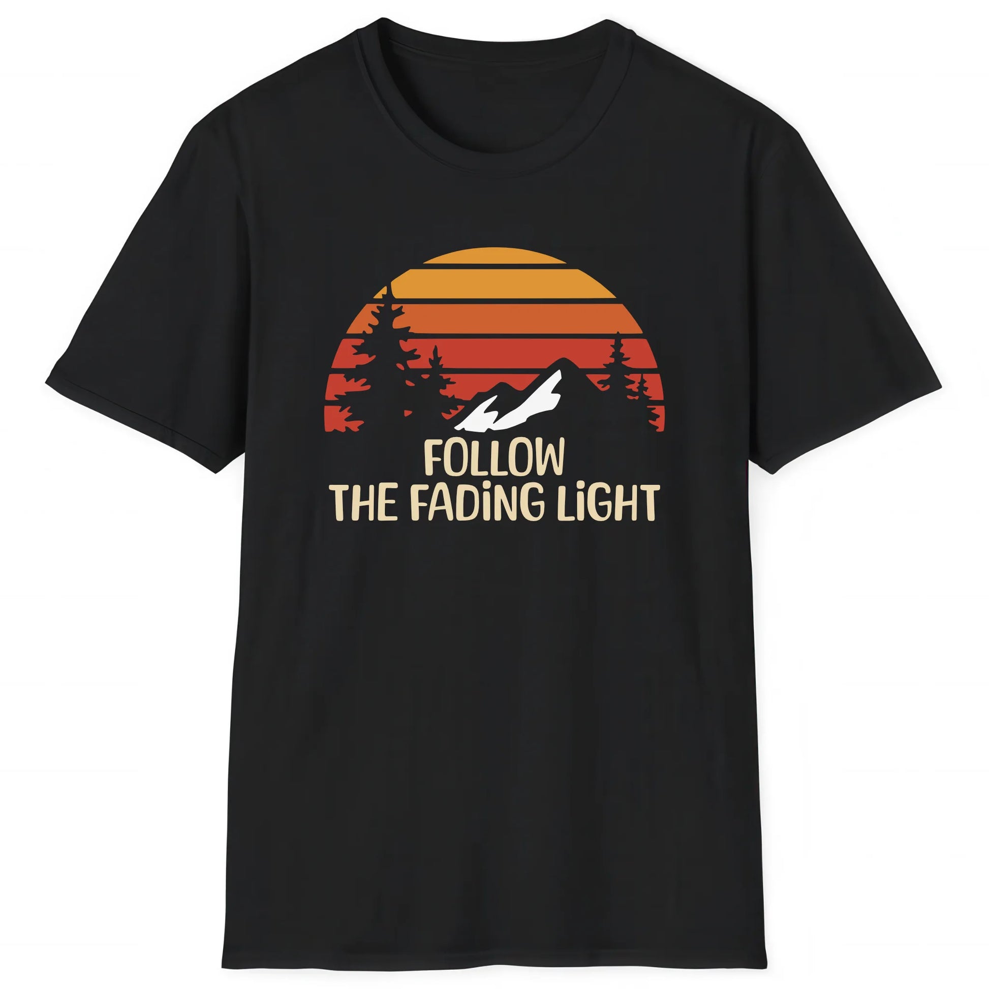 Black hiking T-shirt with mountain sunset and text Follow The Fading Light for hikers and nature lovers