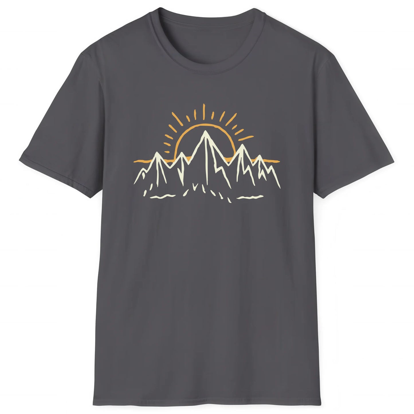 Charcoal hiking T-shirt with minimalist mountain and sunrise design, outdoor trail style