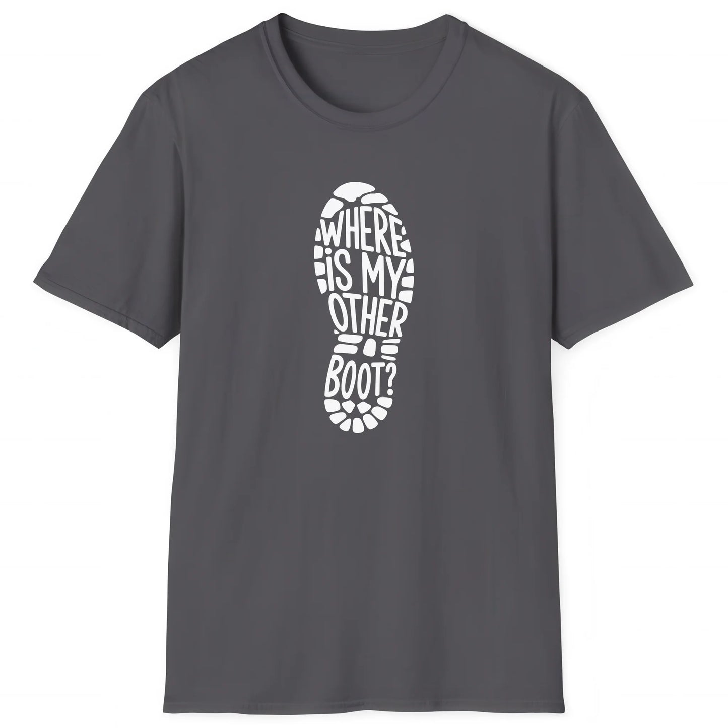 Charcoal hiking T-shirt with boot print and text Where Is My Other Boot, outdoor trail style