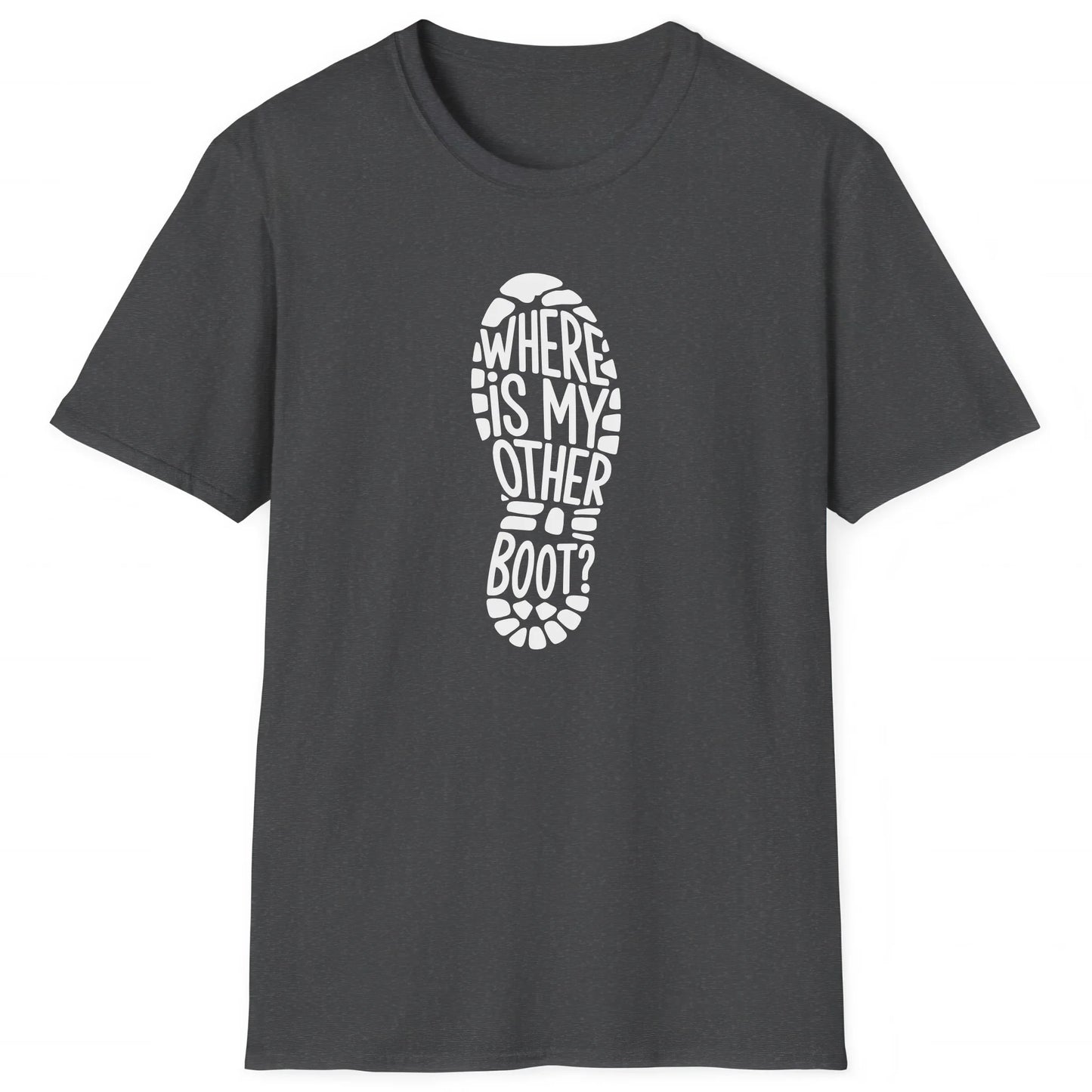 Dark Heather hiking T-shirt with boot print and text Where Is My Other Boot, perfect for hikers