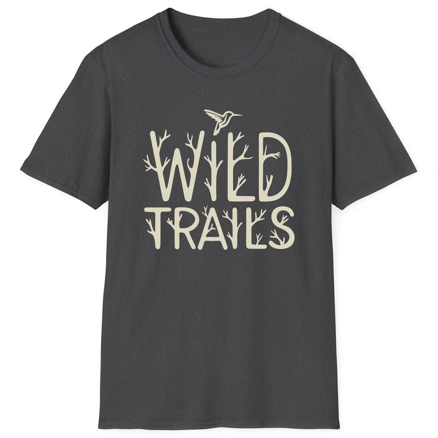 Dark Heather hiking T-shirt with branch-style Wild Trails text and hummingbird, perfect for hikers