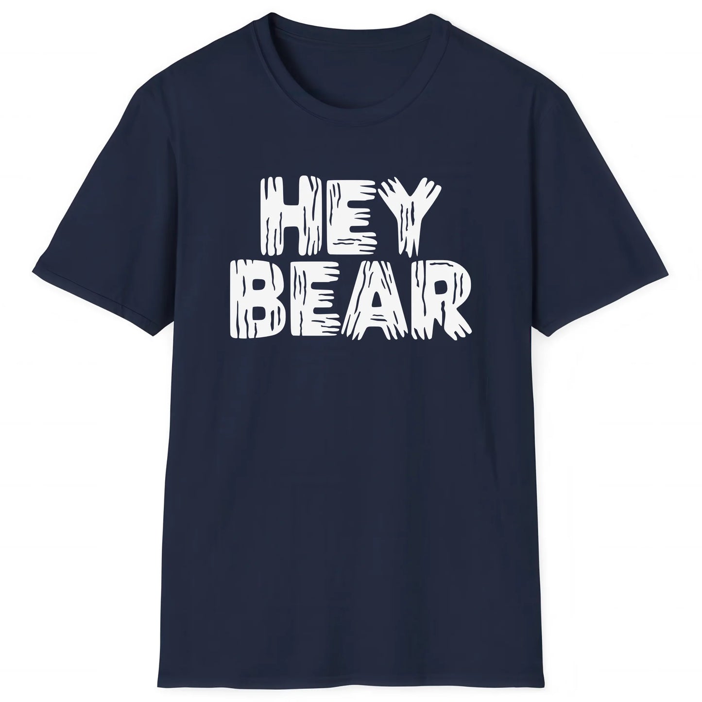 Navy hiking T-shirt with bold white text Hey Bear, nature-inspired hiker apparel for trails