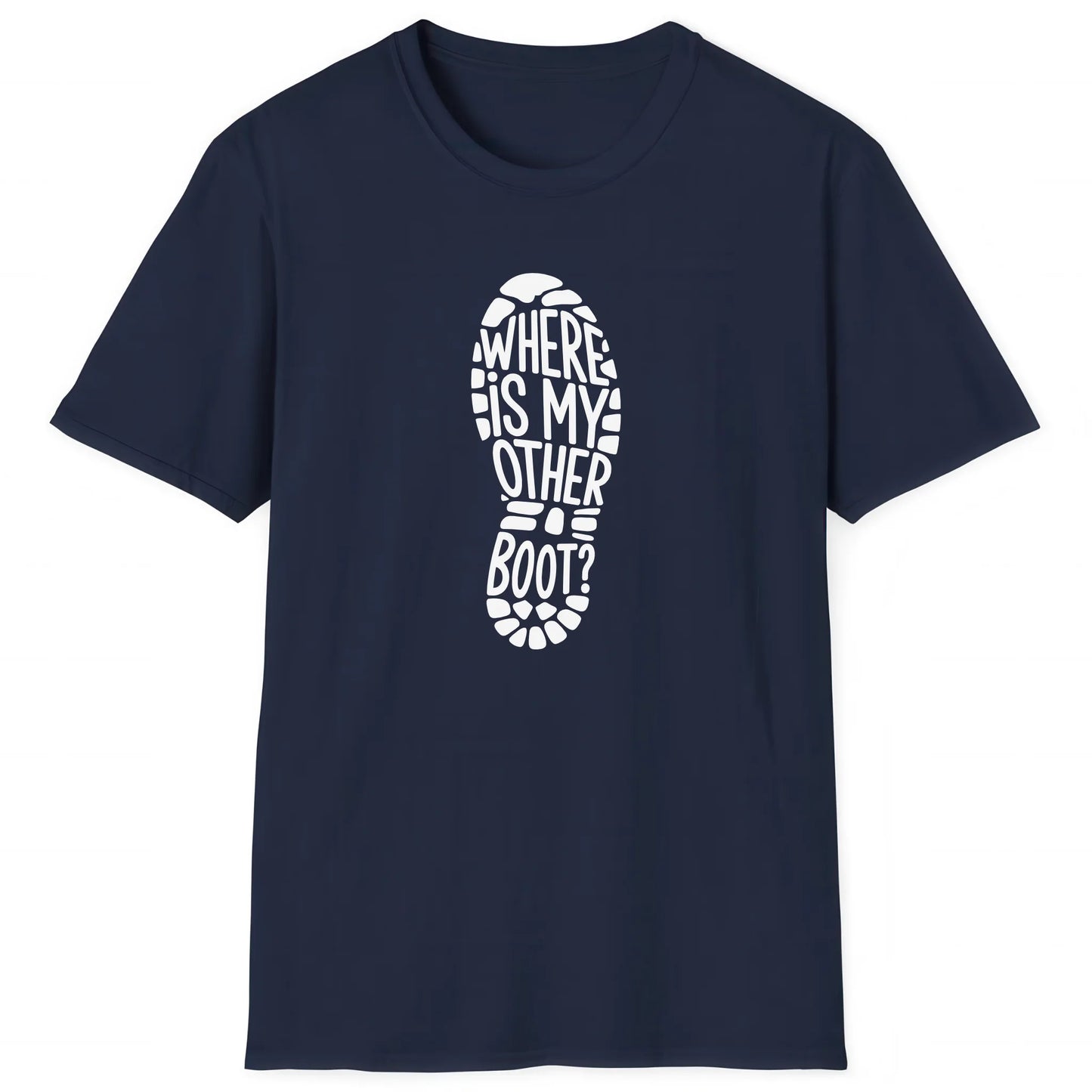 Navy hiking T-shirt with boot print and text Where Is My Other Boot, nature inspired apparel