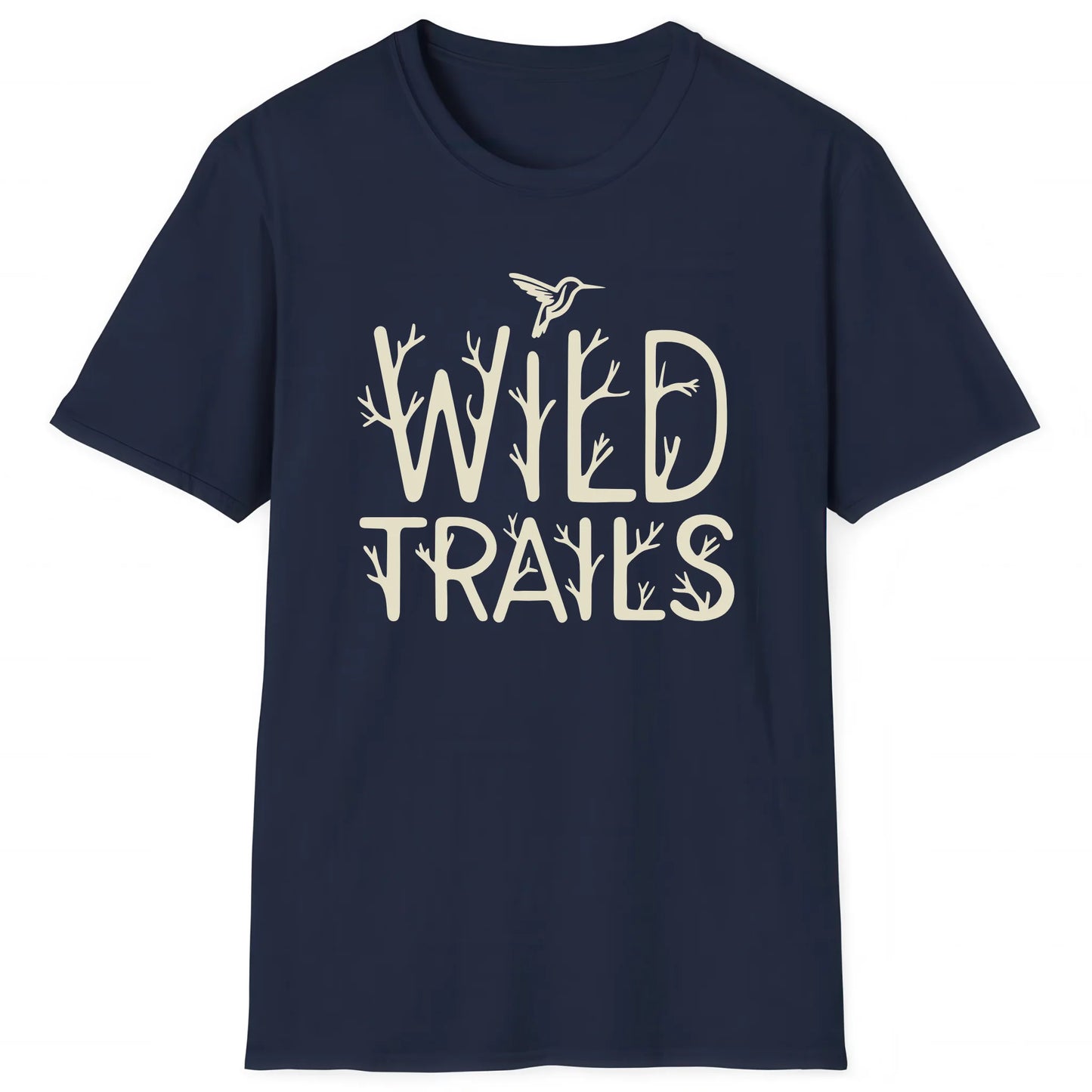 Navy hiking T-shirt with branch-style Wild Trails text and hummingbird, nature inspired apparel