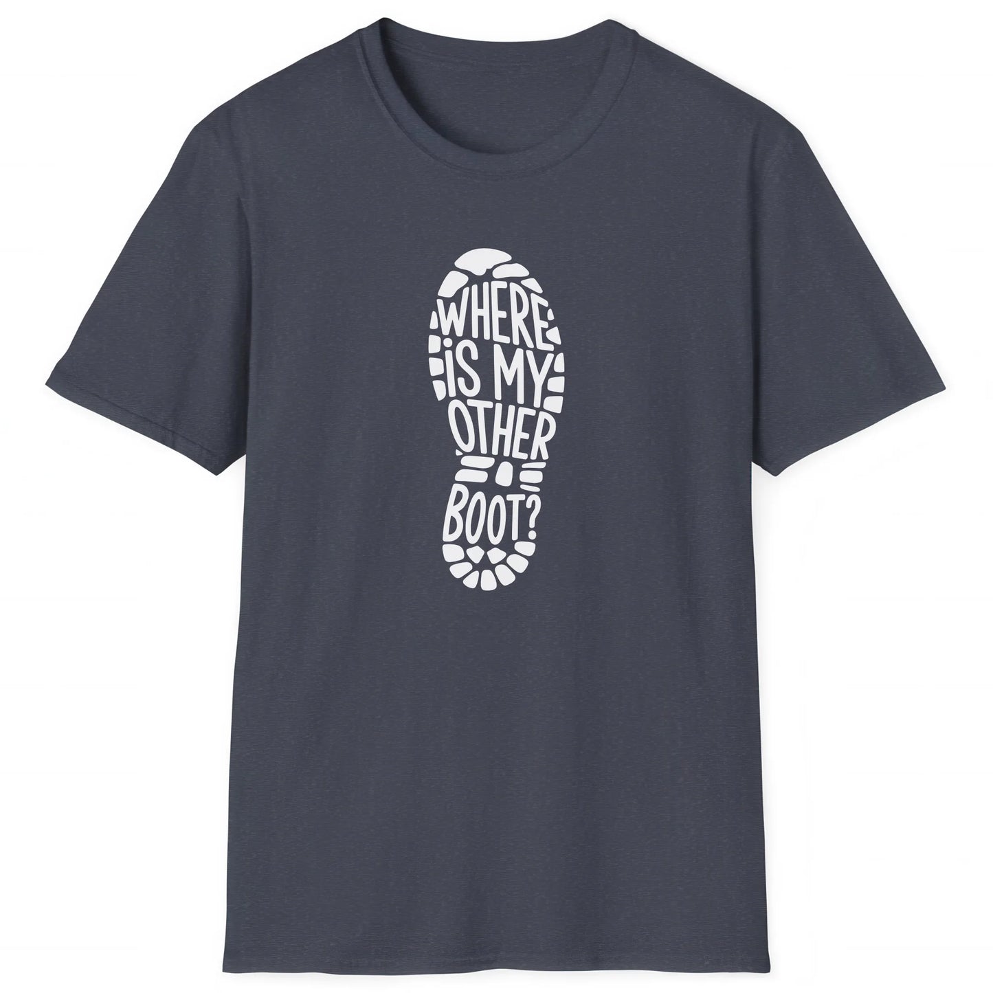 Heather Navy hiking T-shirt with boot print and text Where Is My Other Boot, great for hikers