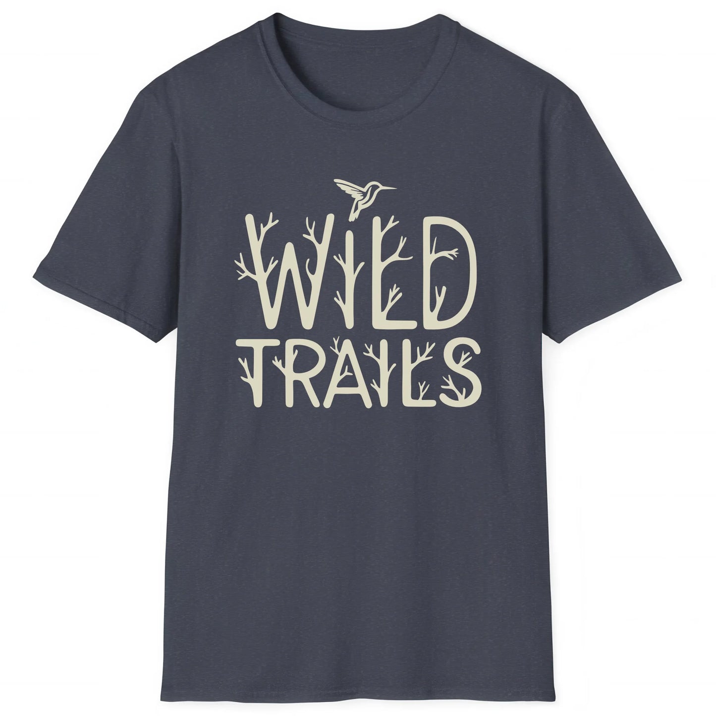 Heather Navy hiking T-shirt with branch-style Wild Trails text and hummingbird, great for hikers