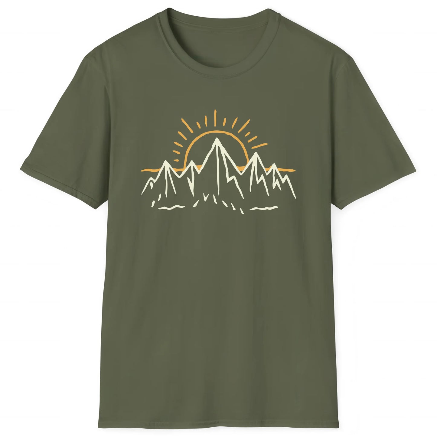 Military Green hiking T-shirt with minimalist mountain and sunrise design, outdoor adventure tee