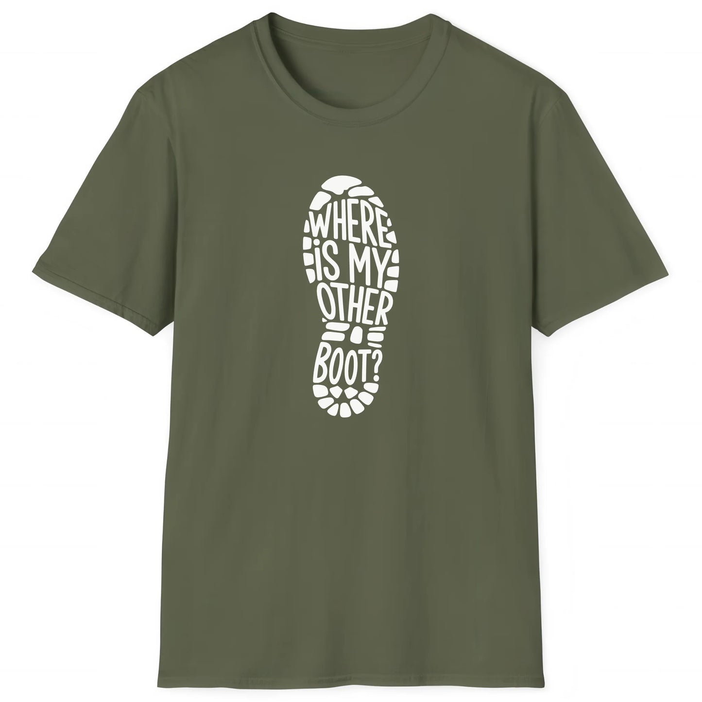 Military Green hiking T-shirt with boot print and text Where Is My Other Boot, outdoor adventure tee
