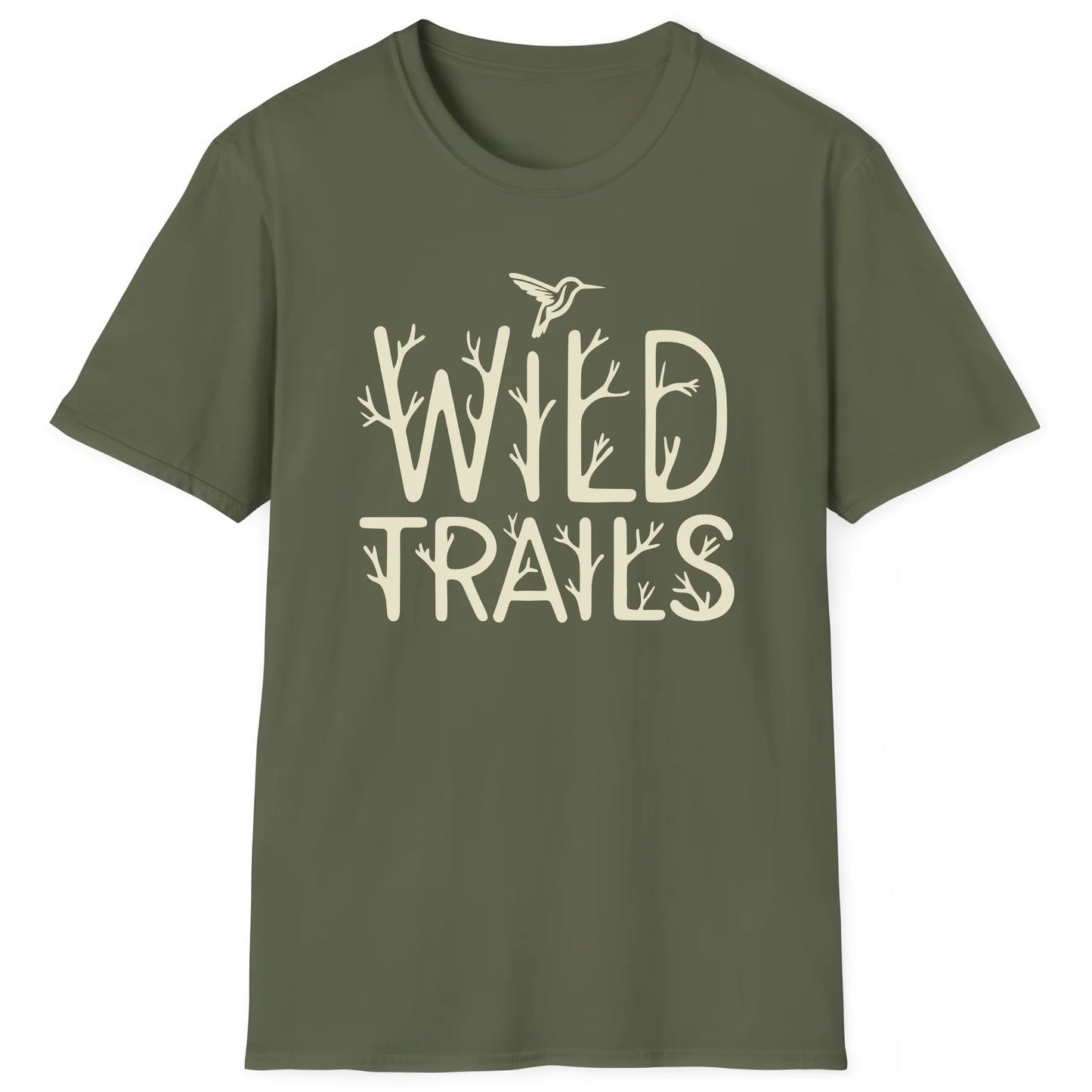 Military Green hiking T-shirt with branch-style Wild Trails text and hummingbird, outdoor adventure tee