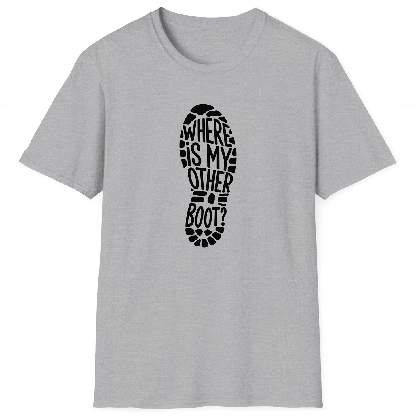 Sport Grey hiking T-shirt with boot print and text Where Is My Other Boot, trail-ready design for hikers